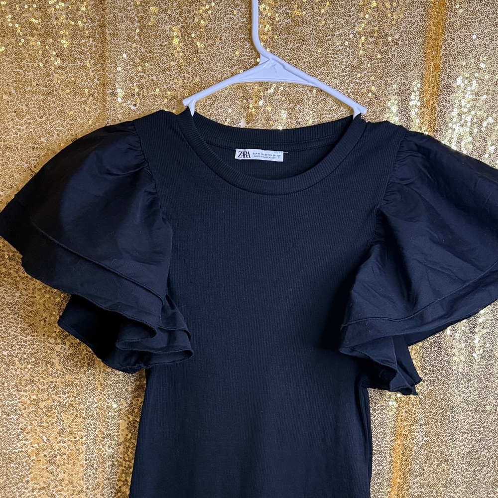 Zara Black Cotton Knit Butterfly Sleeve  Mini Dress - Picture 2 of 7